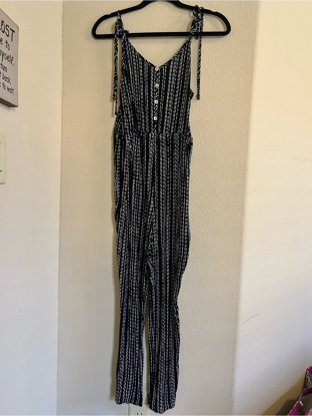Carly Jean Black and White Vertical Stripe Tie-Shoulder Jumpsuit